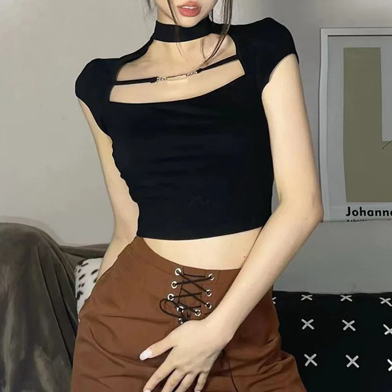 

Y2K 2022 летняя модная уличная одежда, корсет, топ, сексуальная черная укороченная Повседневная Женская одежда с открытой спиной, футболки