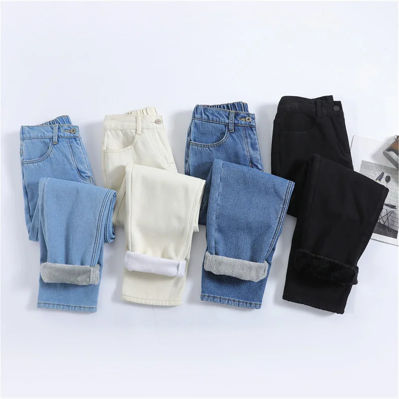 

Women Thermal Jeans Warm Plush High Waist Stretch Vintage Blue Jeans Winter Snow Streetwear Straight Pants Girls Trousers