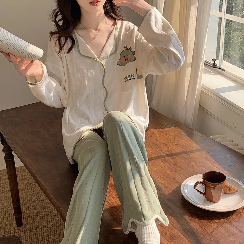 2023 Women's Pajamas Spring Autumn New Long Sleeve Pants Cardigan Lapel Covered Cartoon Simple Cotton Large Size Homewear Set