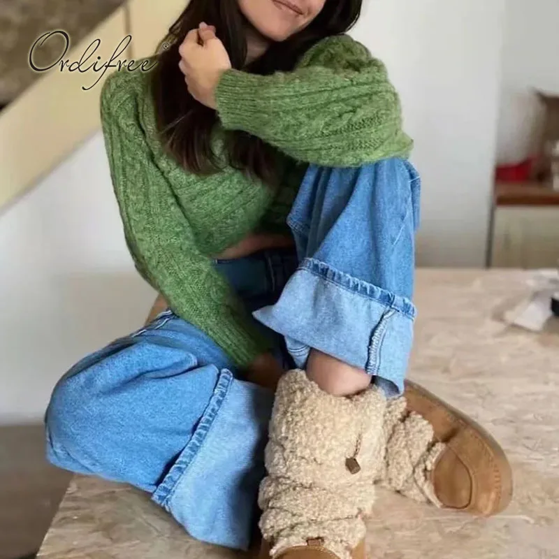 Женский укороченный свитер Ordifree зеленый вязаный пуловер джемпер с перекрестными
