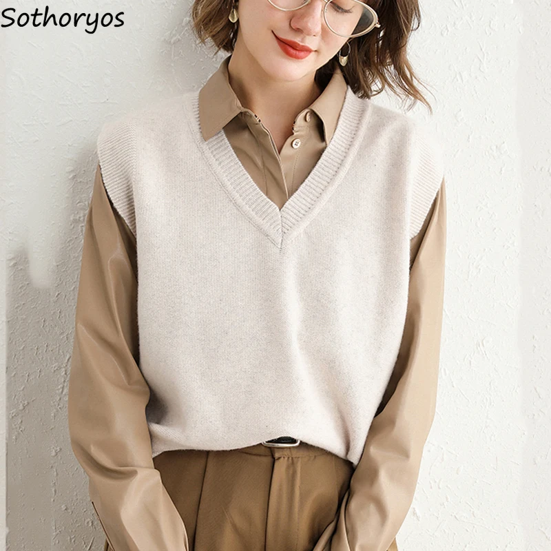 

V-neck Women Sweater Vest Solid Simple Vintage Basic Mori-girl Preppy Style Unisex Elegant Casual Daily Comfortable Soft Chic