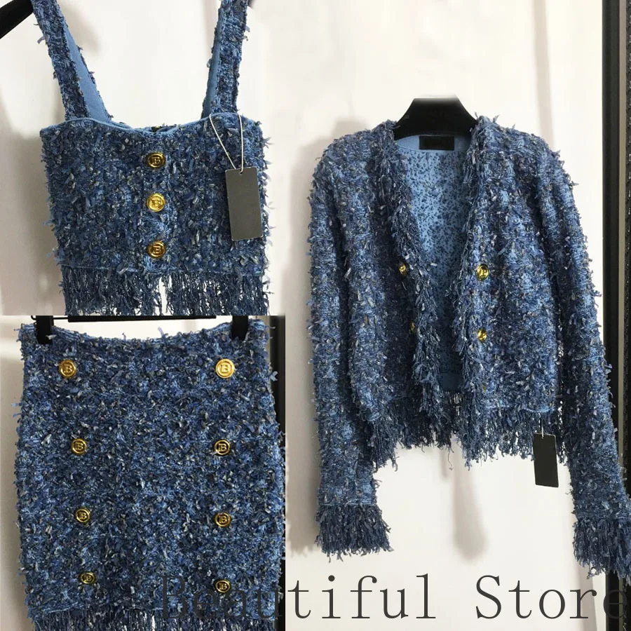 

Женский твидовый костюм из двух предметов, комплект из двух предметов: топ на тонких бретельках и мини-юбка и кардиган с V-образным вырезом