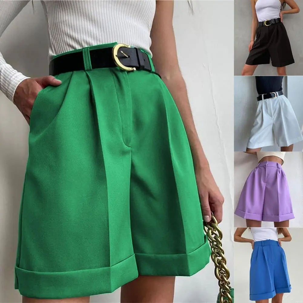 

Solid Color Women Shorts High Waist Short Pants Summer Zipper Short Trousers Ladies Simple Pockets Suit Shorts for Daily Wear