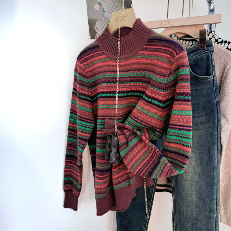 Half-high Collar Retro Jacquard Sweater Women Autumn and Winter 2024 New Loose All-Match Western Sle Stripe Base Knit