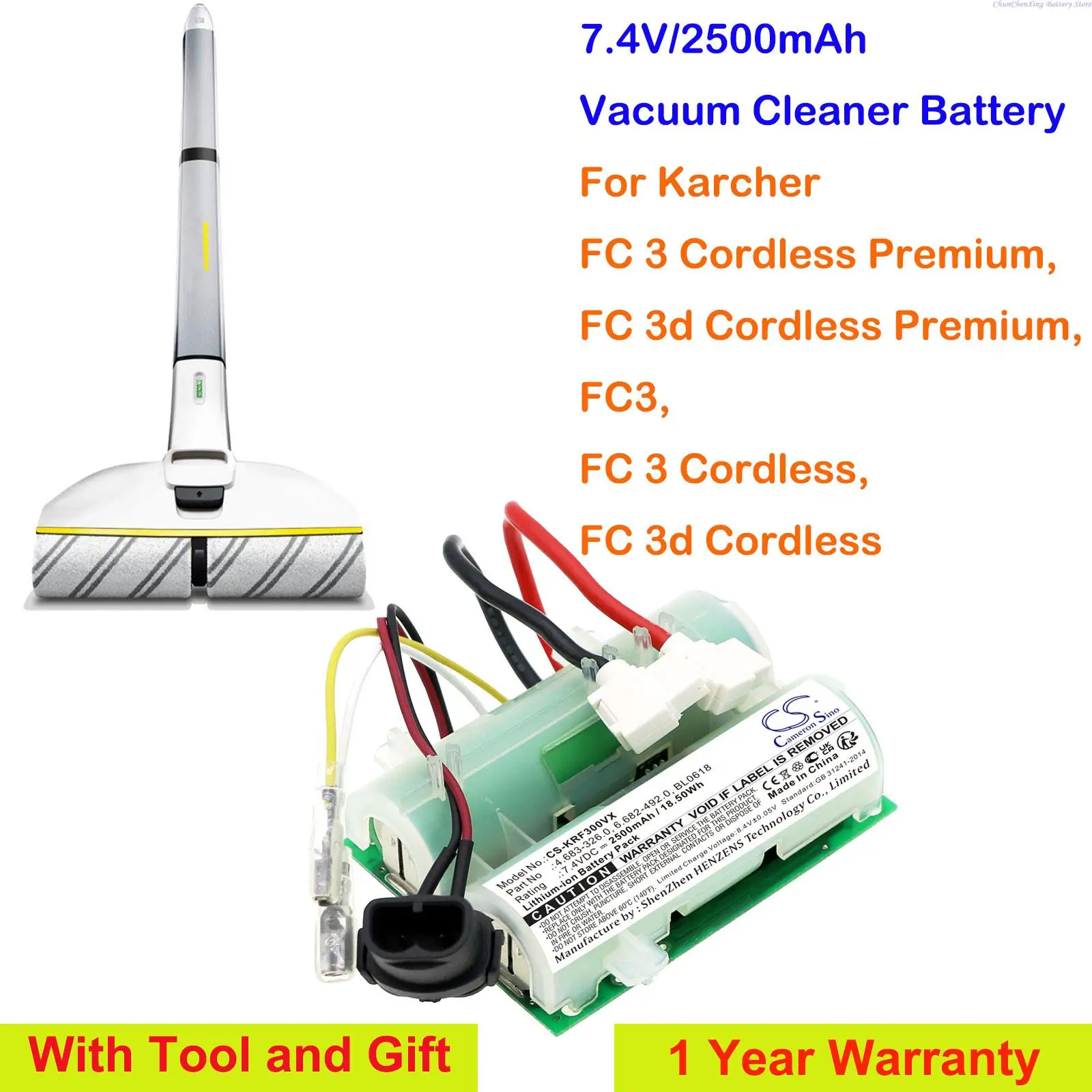 

Cameron Sino 2500mAh Vacuum Cleaner Battery for Karcher FC3, FC 3 Cordless, FC 3d Cordless, FC 3 Cordless Premium, FC 3d