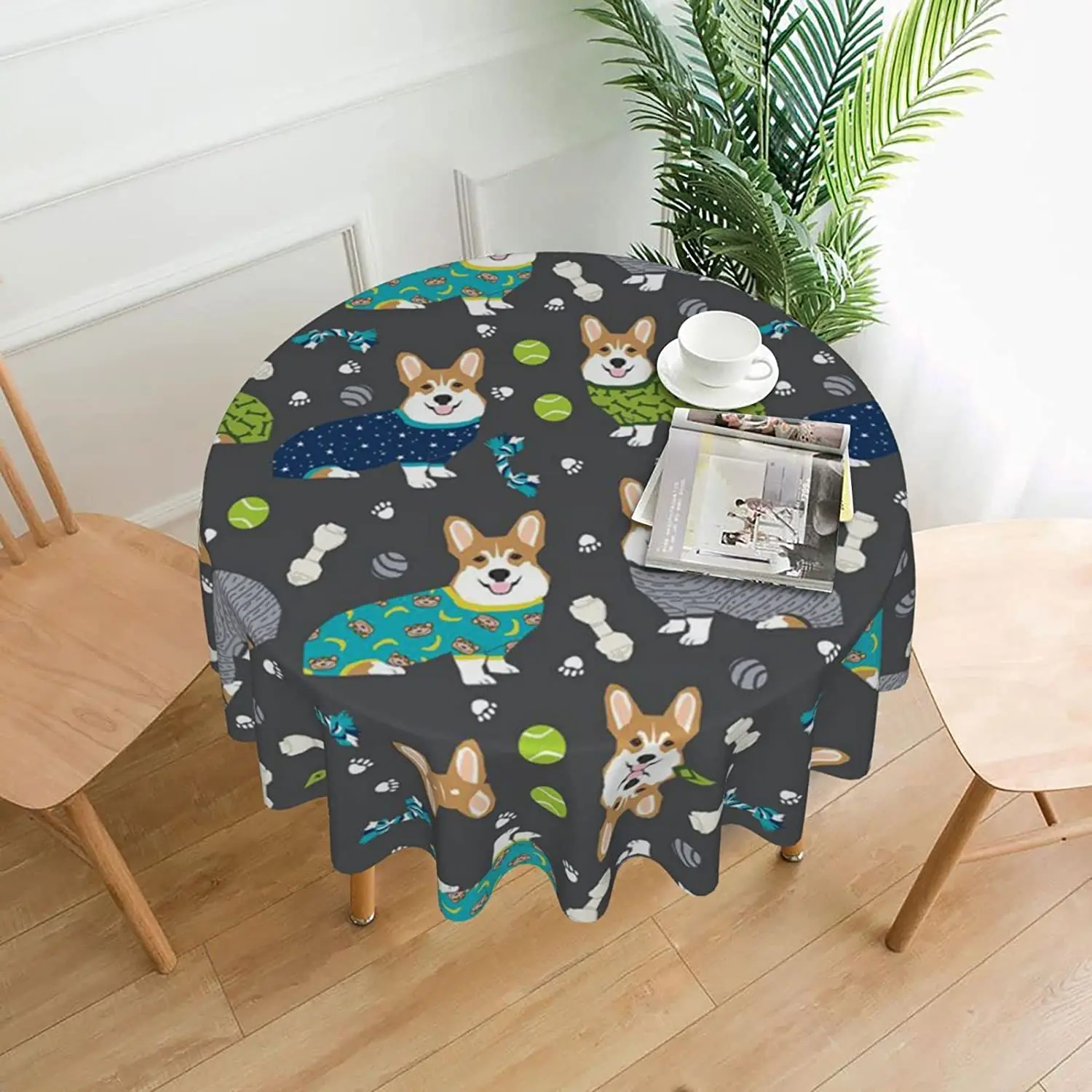 

Wearing Clothes Corgi Dogs Round Tablecloth Waterproof Polyester Printed Round Tablecloth, Suitable for Table Decoration Camping