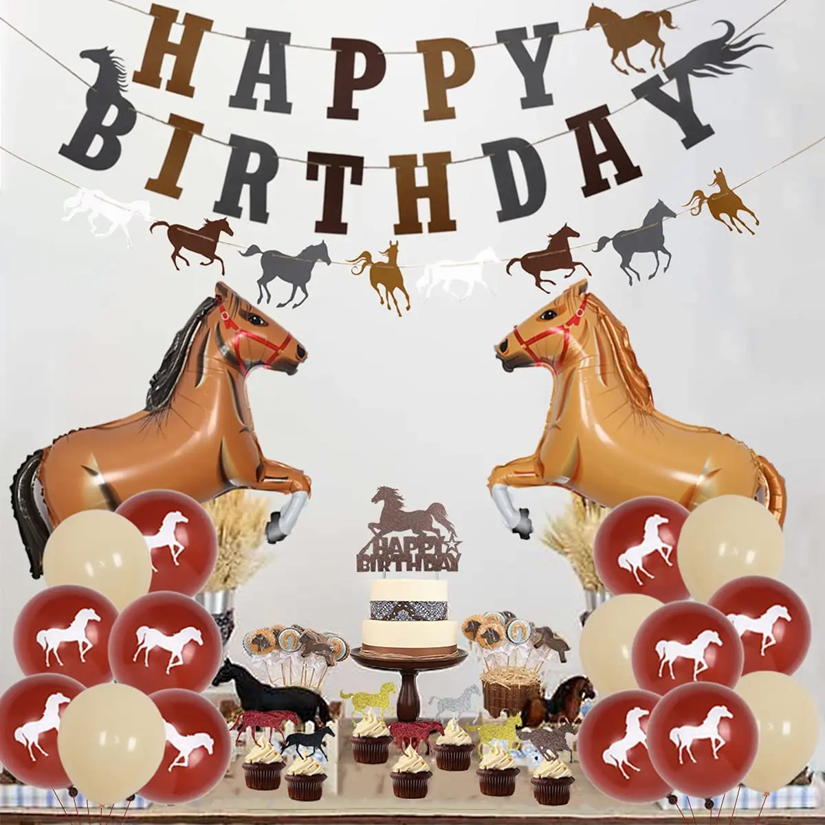 Decoraciones de fiesta de caballo para niños y niñas, adornos para pastel de caballo, pancarta de feliz cumpleaños, globos de aluminio para cumpleaños de vaquera