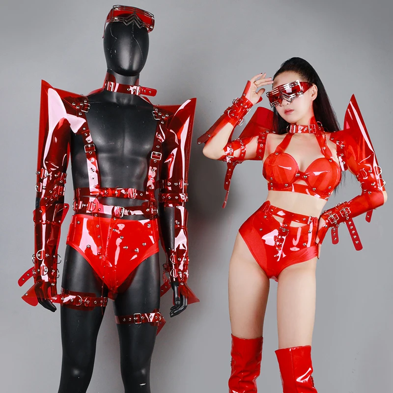 

Красное прозрачное женское бикини с заклепками, танцевальная одежда для ГОГО, Женская Одежда для танцев, мужской костюм для танца на шесте, одежда для ночного клуба, Rave VDB7369