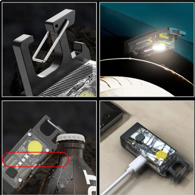 Прозрачный брелок светодиодный фонарик COB 500LM солнечный Type-C USB перезаряжаемый
