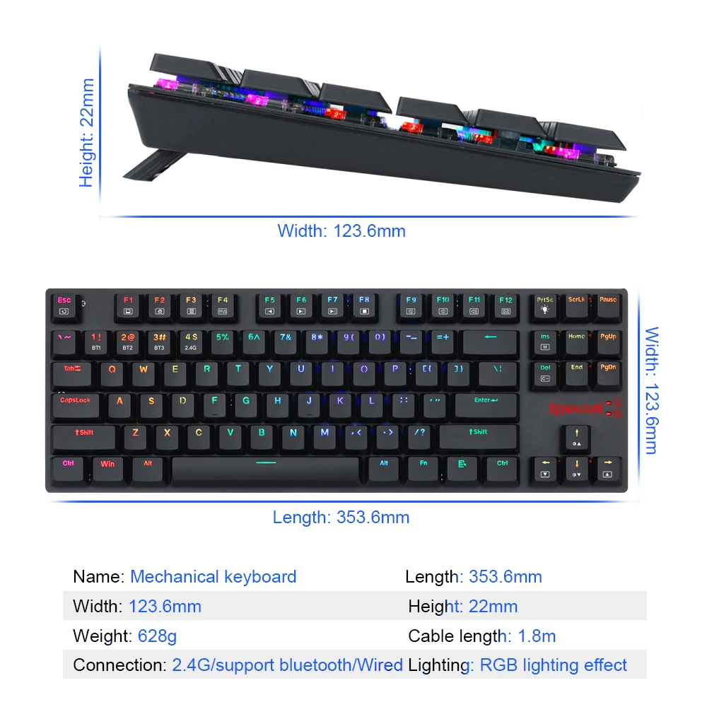 Redragon Aps por K607P KBS RGB поддержка Bluetooth 5 0 Беспроводная USB 2 4G Двухрежимная Механическая