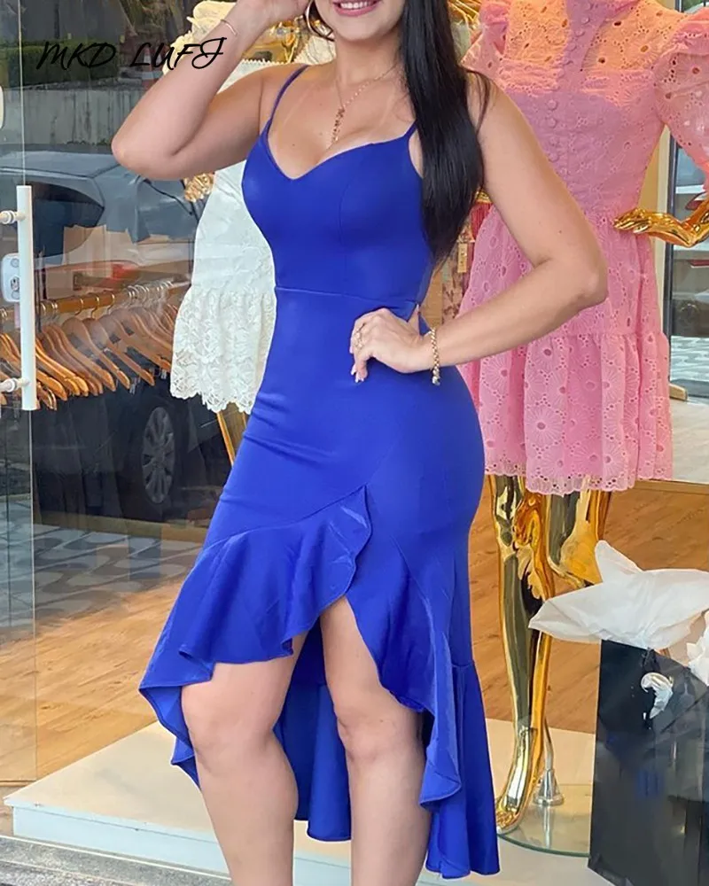 

Повседневное платье MKDLUFI с оборками на подоле, без рукавов, с V-образным вырезом, женское платье на бретелях-спагетти до середины икры