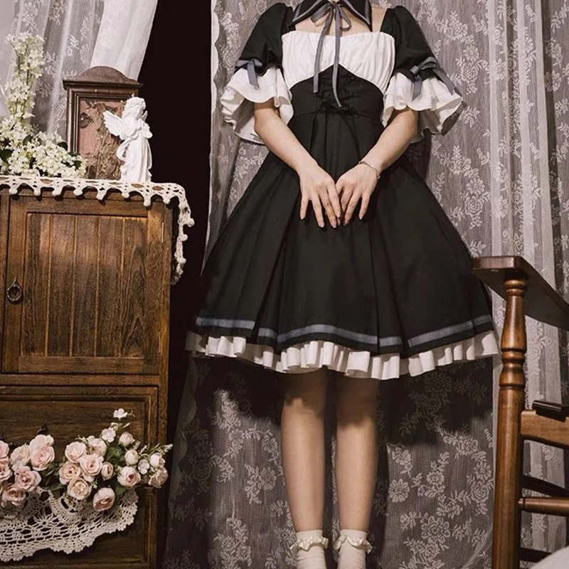 

Black Vintage Court Style Princess Lolita Dress Daily Ladies Elegant High Waist Victorian Dress Victorian Kawaii Girl Lolita