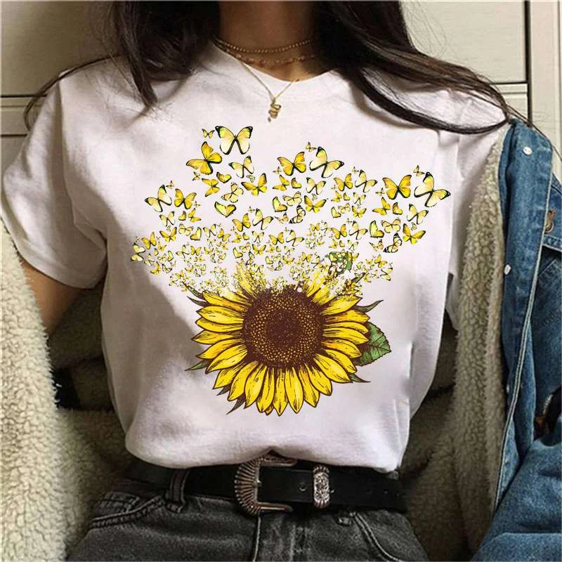 

Cool Sunflower Butterfly Print T-shirts For Women Summer Fashion Casual Short Sleeve Round Neck Tops Ladies T-shirt