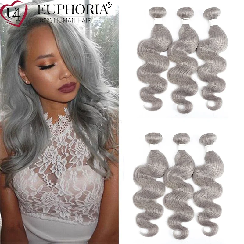 EUPHORIA-mechones de pelo humano brasileño 9A Remy 100% para mujer, cabello ondulado, color gris plateado, 8-26 pulgadas, 1/3/4 Uds.