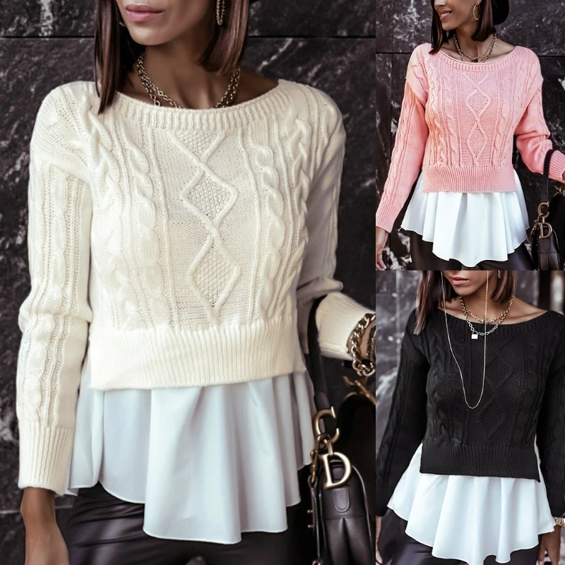 

Women Long Sleeve Twist Cable Knit Sweater Flared Ruffles Hem Patchwork Pullover Top Casual Loose Crew Neck Jumper Shirt