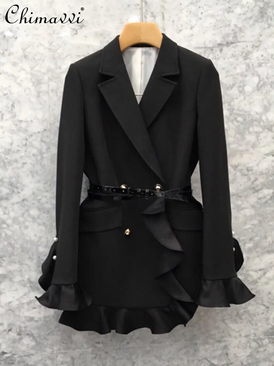 2022 Spring and Autumn New Korean Style Fashion Ruffles Waist Small Suit Women's Long-Sleeved Double-Breasted Suit Jacket Female