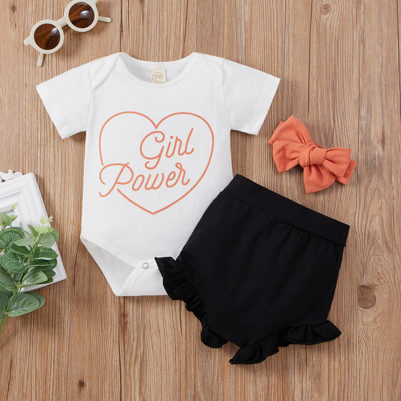 

Infant Baby Girl Cotton Set Letter Romper Ruffle Shorts Headband Cute Summer Toddler Baby Clothes Suit