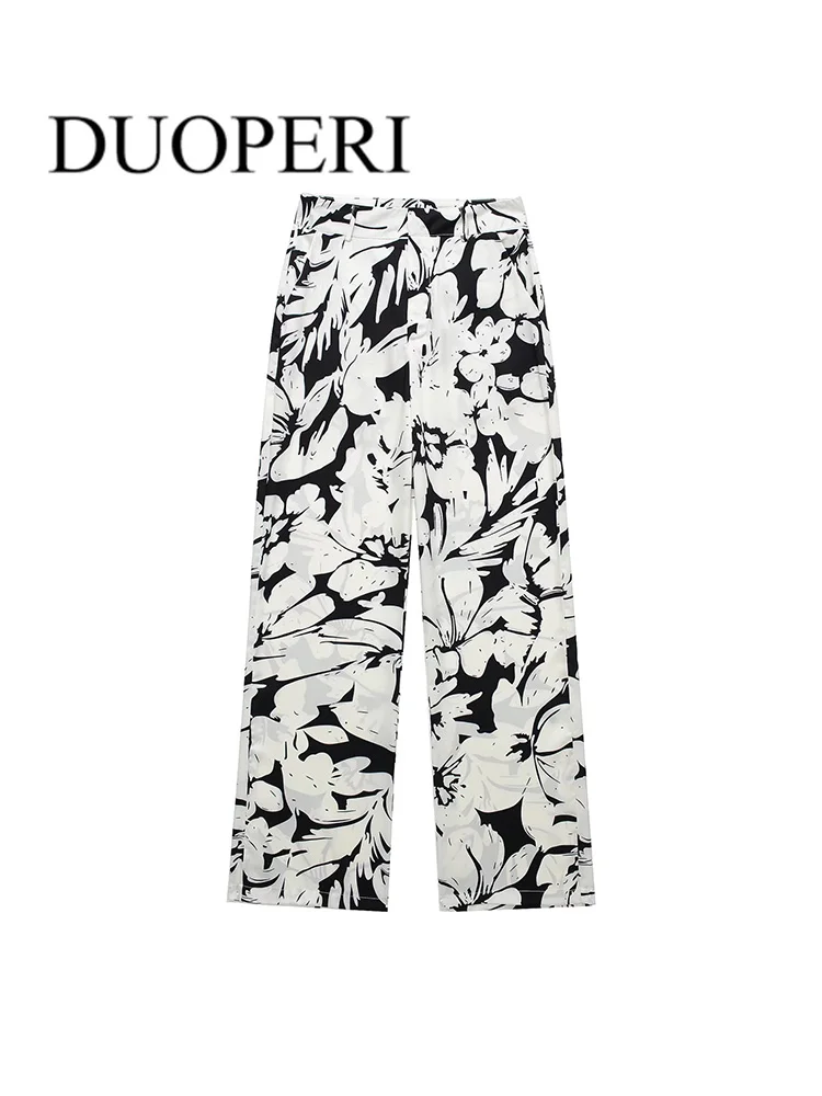 

DUOPERI Women Fashion Tropical Print Pants With Pockets High Waist Vintage Zipper Fly Female Trousers Mujer Chic Outfits