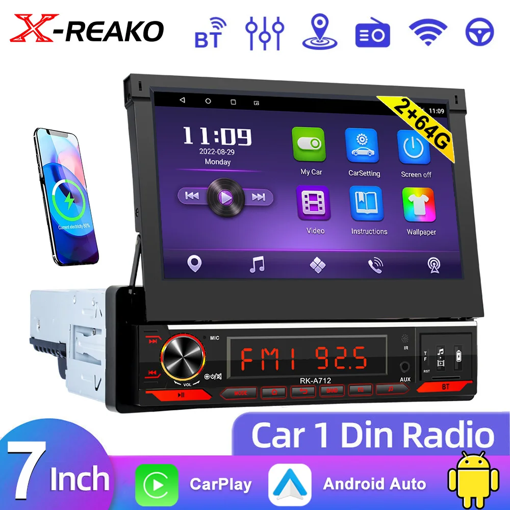 

X-REAKO 1din Universal Android 2+64G Car Radio GPS Navigation 7" Retractable Screen Multimedia Player Carplay Stereo autoradio
