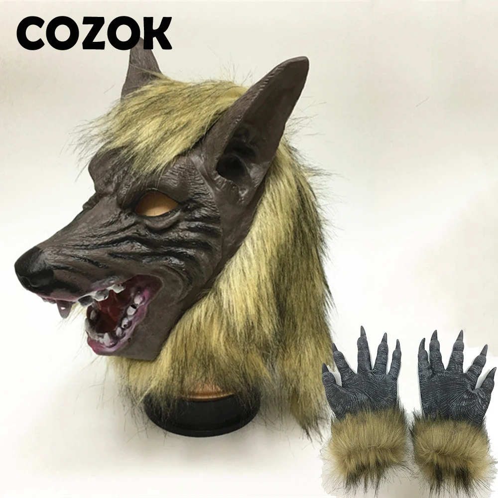 COZOK Halloween Animal Latex Rubber Wolf Head Hair Mask Werewolf Gloves Costume Party Scary Decor Cosplay Props