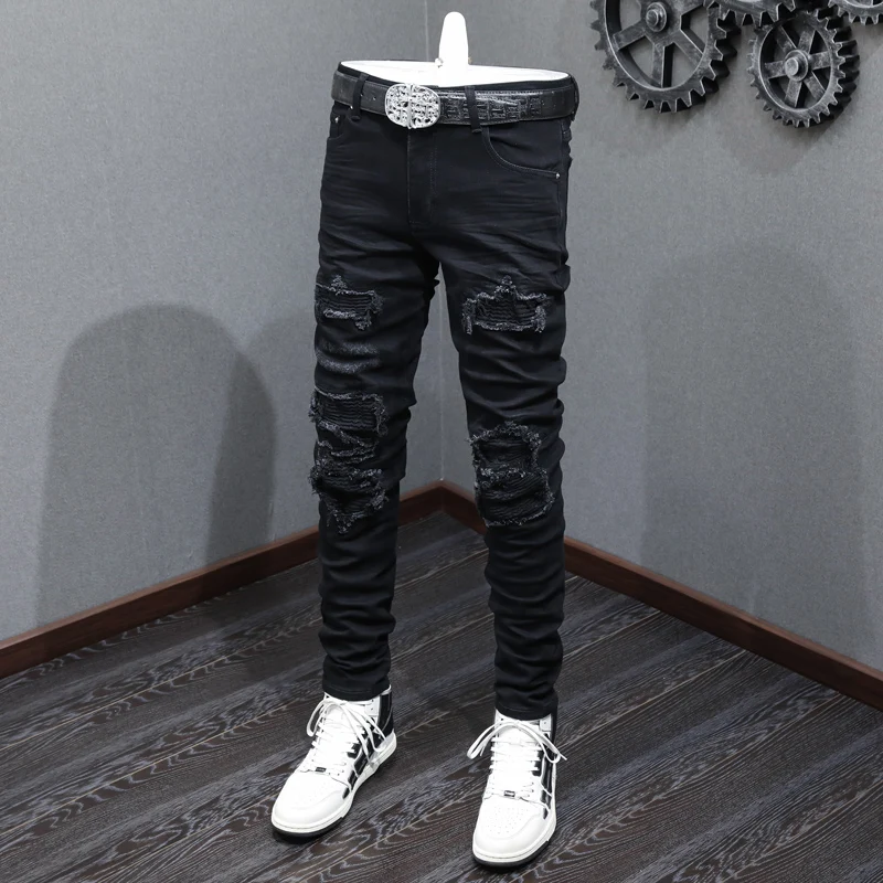 High Street Fashion Ripped Jeans Men Patched Designer Black Elastic Hip Hop Brand Pants Hombre Stretch Skinny Punk Jeans Homme