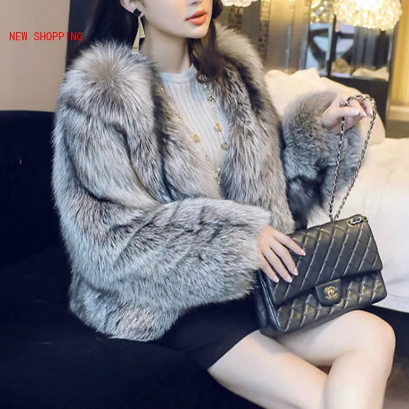 

2021 Winter European Elegant Fashion Silver Fox Fur Coats Women's Luxurious Short Soft Warm Jackets Overcoats High Quality Lady