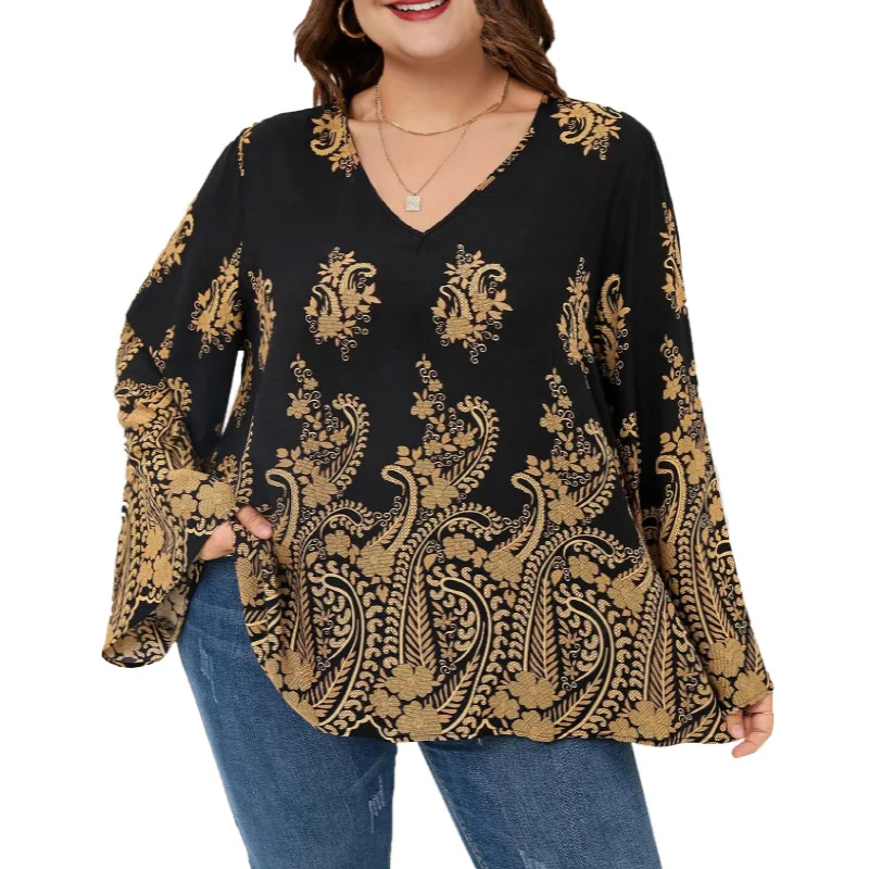 

Vintage Women Plus Size V Neck Flared Sleeve Blouse Oversized Loosed 5Xl Streetwear Peplum Shirt For Curvy Women Blusas Mujer