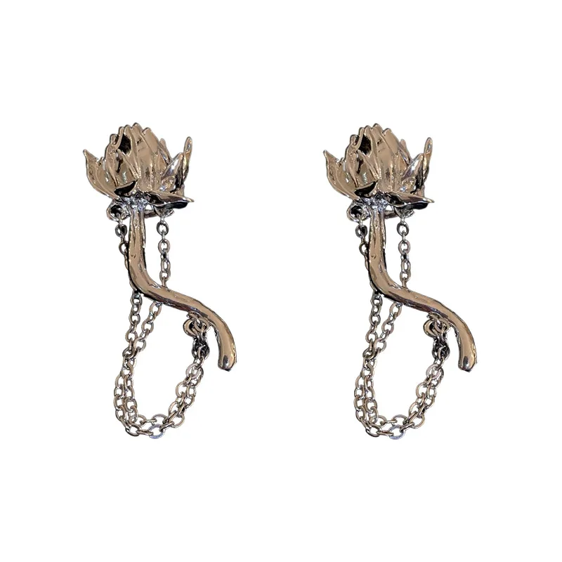 

Silver Needle Rose Flower Tassel One-piece No Pierced Ear Bone Clip Earrings