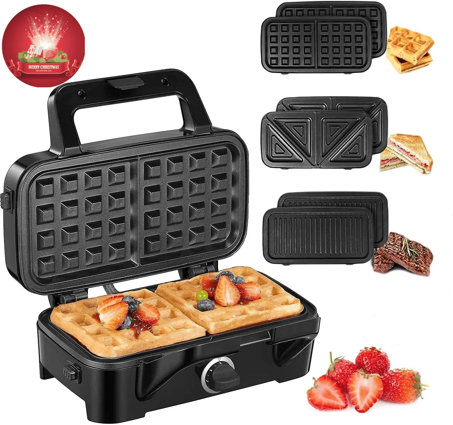 

3 in 1 Sandwich Maker, 1200W Waffle Maker, Panini Press Grill, Nonstick Surface, Black
