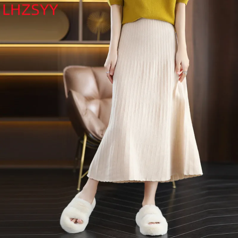 

Модная плиссированная юбка LHZSYY из 100% чистой шерсти с высокой талией, Женская Корейская элегантная юбка миди, женские плотные юбки а-силуэта на осень и зиму