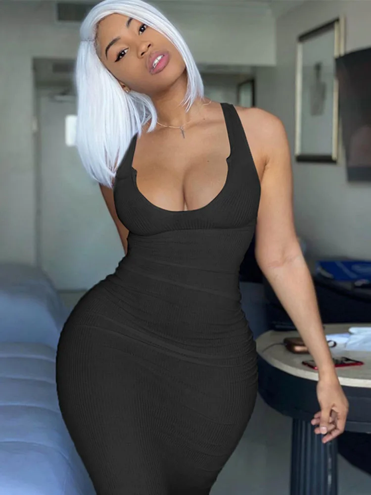 

Ribbed V Neck Skinny Tank Long Dresses Women Solid Bodycon Fashion Birthday Outfits Bodycon Sexy Club Party Maxi Dress