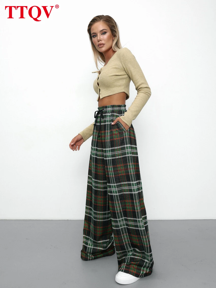 

TTQV Fashion Loose Print Pants For Women 2023 Elegant High Waisted Drawstring Trouses Casual Full Length Pants Female Clothing