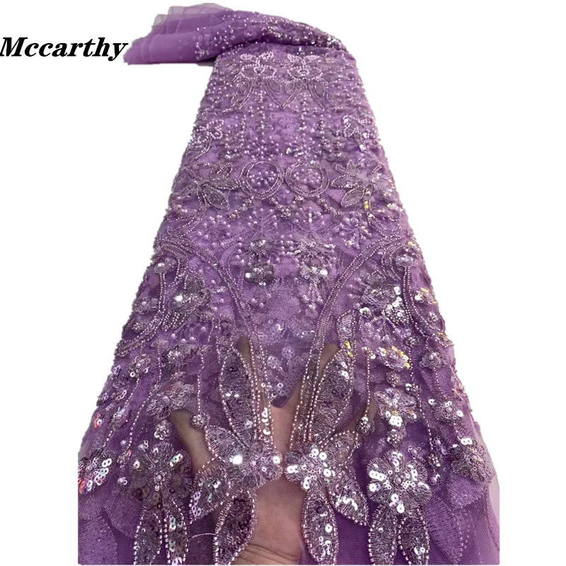 

New Design Beaded Lace Fabric Luxury Handmade Beads Sequins Lace Embroidery French Nigerian Tulle Lace Fabric for Wedding