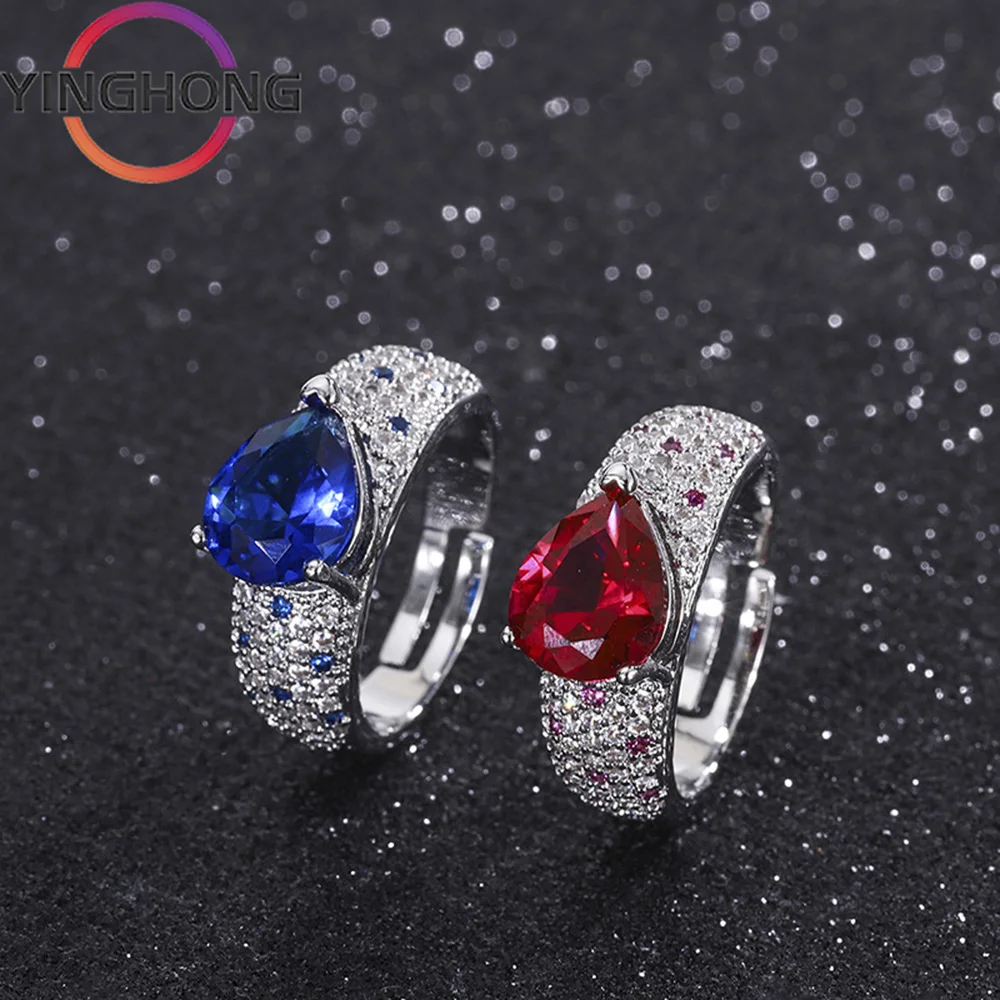 

Женское кольцо в виде капли воды QueXiang, кольцо из серебра 925 пробы с красным сокровищами и синим сокровищами, Ювелирное Украшение, роскошный подарок