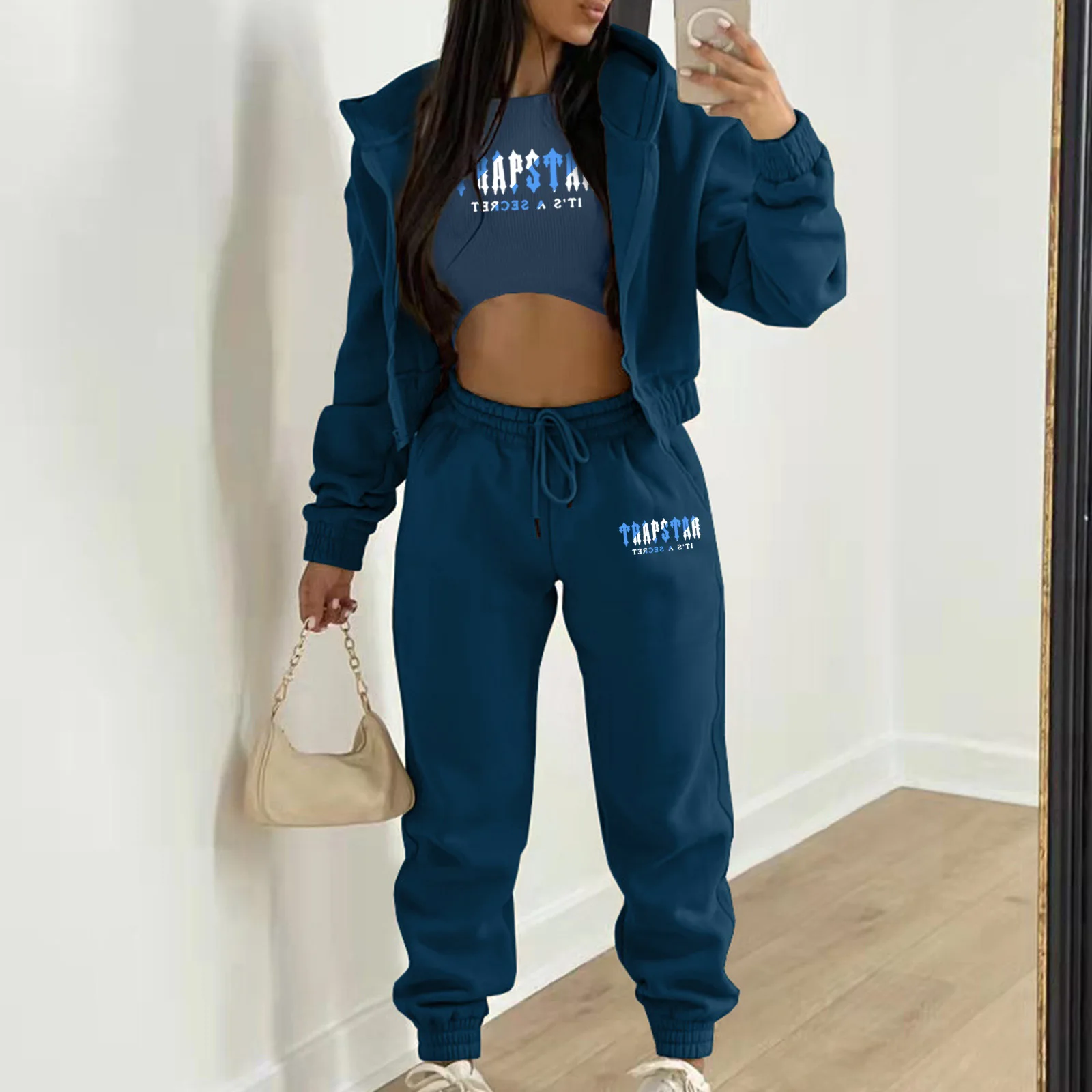 

women's plush sweater with letter printing hooded sports casual set (three piece set) two piece set women sexy club zevity