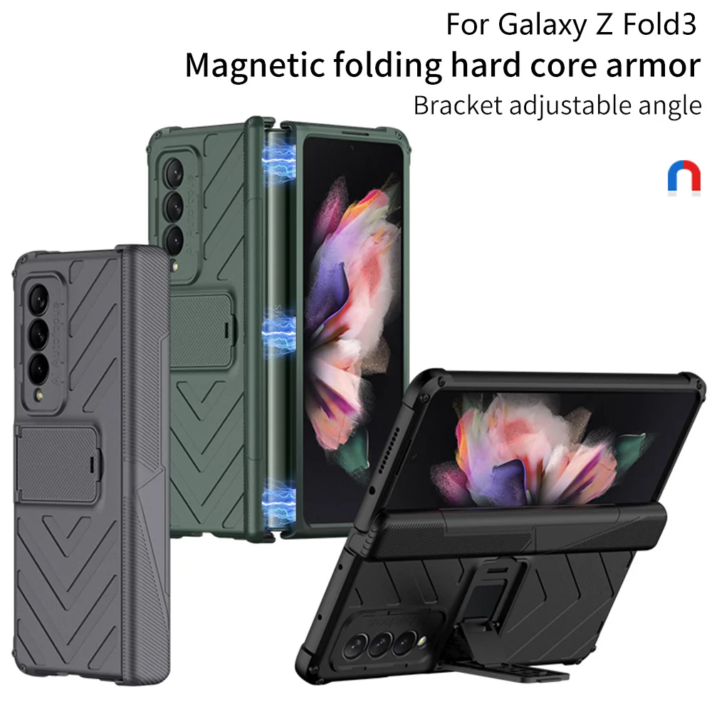 

Armor PC Case For Samsung Galaxy Z Fold 3 5G Phone Case Magnetic Hinge folding bracket stand solid color hard funda for fold3