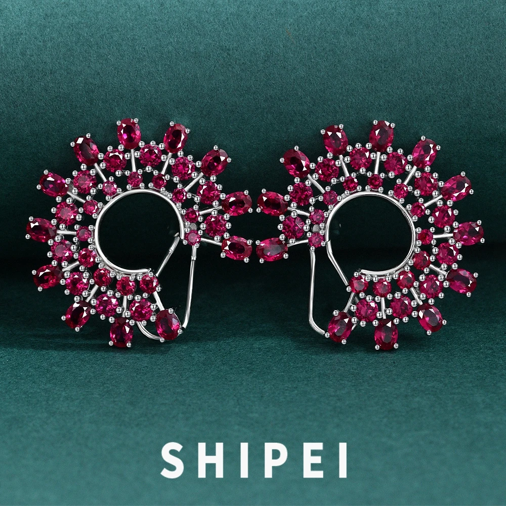 

SHIPEI Luxury 925 Sterling Silver Oval 6*8MM Ruby Gemstone Hyperbole Studs Earrings Wedding Fine Jewelry for Women Drop Shipping