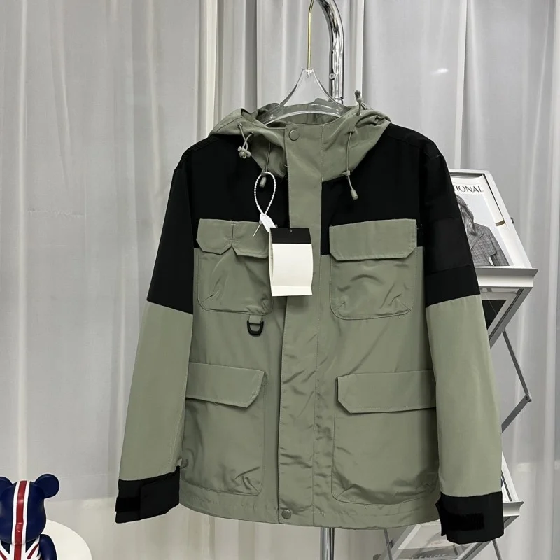 

Spring and Autumn Couple's money Hooded jacket multi-pocket tooling coat Embroidery leisure loose waterproof Windproof cuff