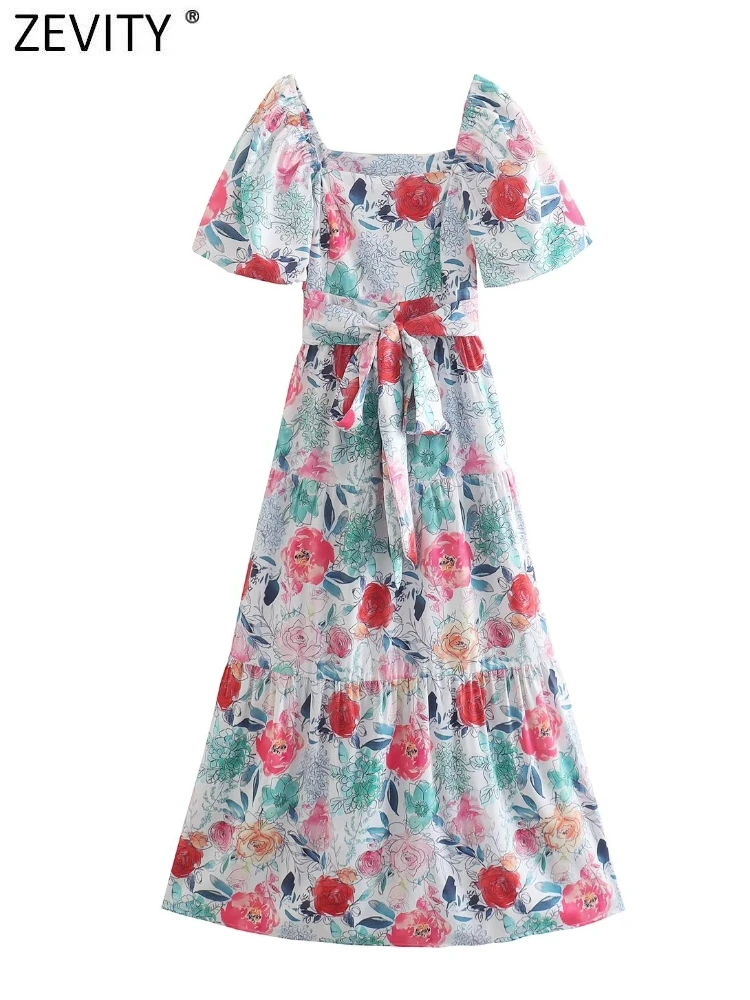 

Zevity Women Vintage Square Collar Pleats Puff Sleeve Bow Sashes Midi Dress Female Chic Floral Print Pleats Slim Vestidos DS345