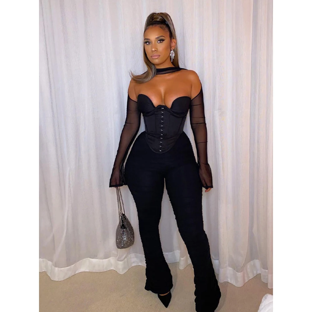 

Gtpdpllt 2022 Y2k Women T Shirt Mesh Pullover Patchwork Long Sleeve Corset Tops Sexy Party Harajuku Solid Black Shirts Chic