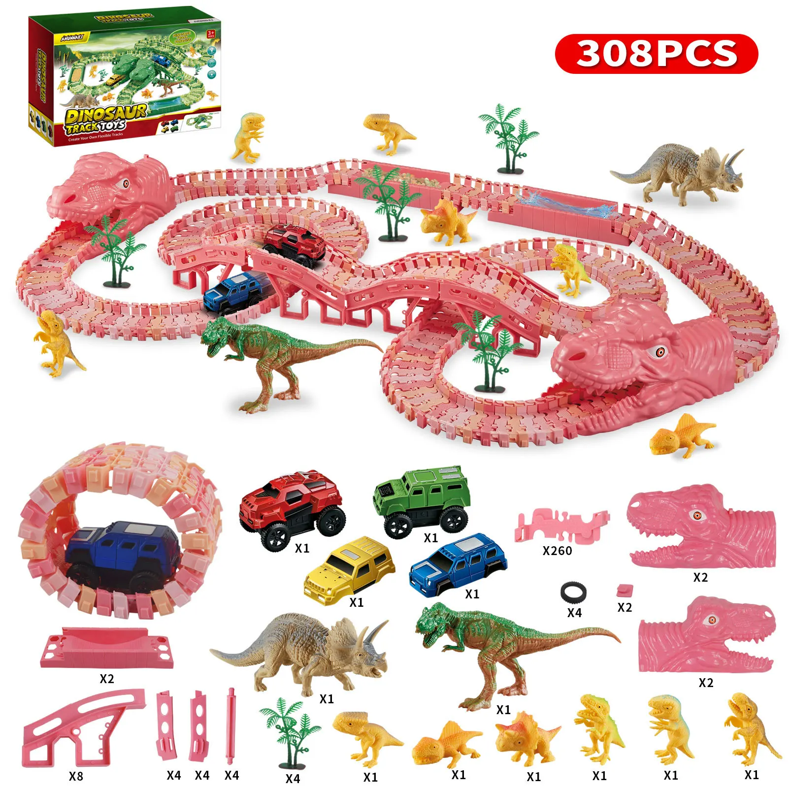 

308pcs Pink Dinosaur Electric Rail Car Track Racing Toy Set Bend Flexible Race Track Flash Light Car Educational Toys Kids Gift