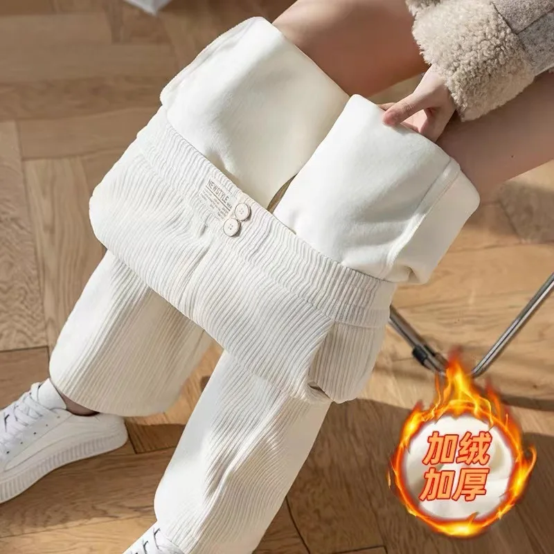 2022 Autumn Winter New Korean Fashion Plus Velvet Thickened Wide Leg Pants Women's High Waist Straight Warm Loose Trousers 3XL