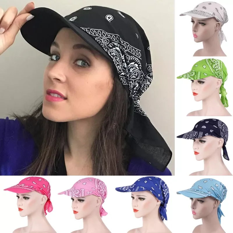 Cotton Head Scarf Visor Hat With Wide Brim Sunhat Summer Beach UV Protection Sun Hats Female Casual Printed Flower Cap