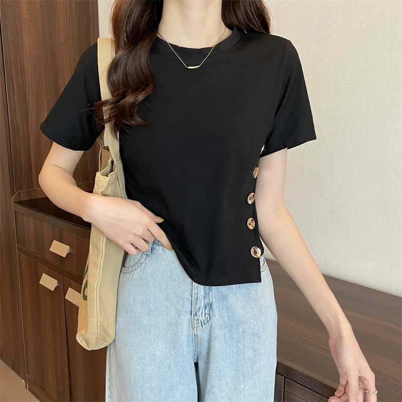 

korean Summer Women Black Short T-Shirts harajuku solid slim Button irregular Crop Tops Short Sleeve girl Tee Top Female t Shirt