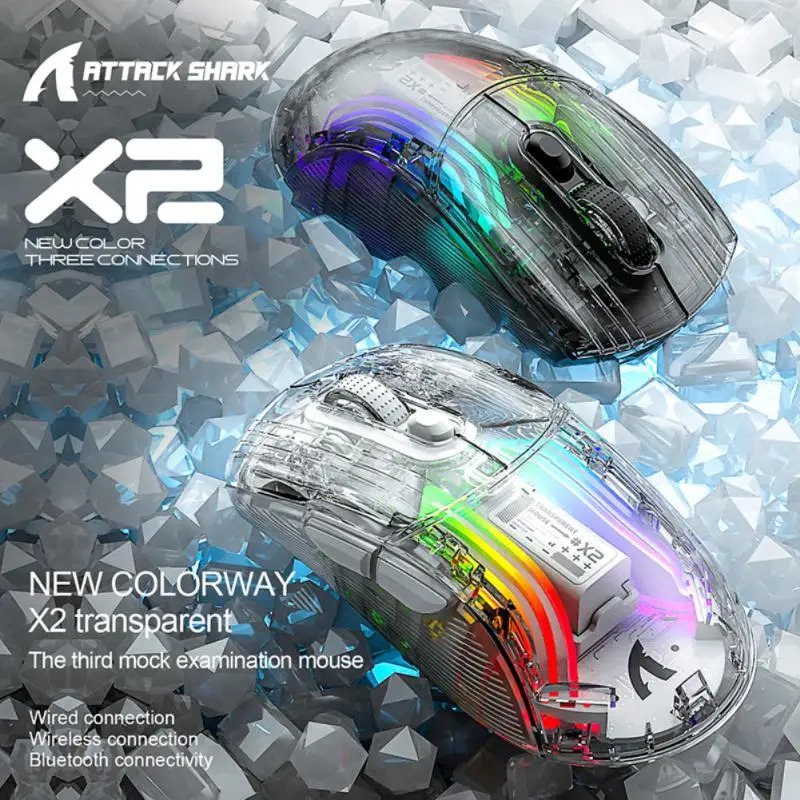

Attack Shark X2RGB Luminous Wireless Bluetooth Three-Mode Transparent Mouse Girls Game Electronic Competition Mouse
