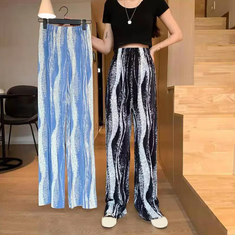 Women Pants Vintage Ice Silk High Waisted Wide Leg Pants Bohemian Elastic Waist Trousers Casual Loose Straight Leg Pants