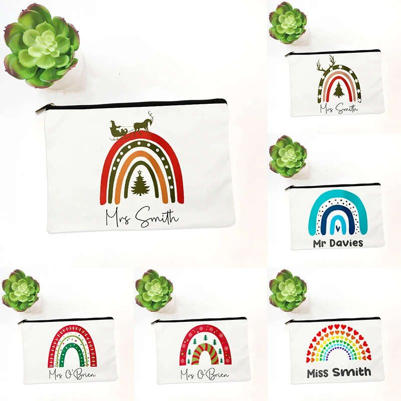 

Белая женская косметичка на молнии с радужным рисунком, коробка для хранения канцелярских принадлежностей с именем на заказ, маленький эксклюзивный кошелек для путешествий