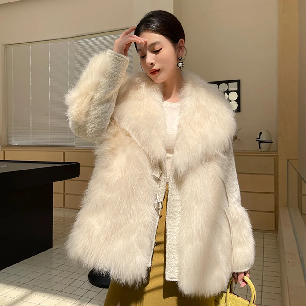 

Women New Real Fur Coat Autumn Winter Chic Thicken Fox Fur Turn-down Collar Patchwork Wool Knitting Fur Jacket Loose Outerwear