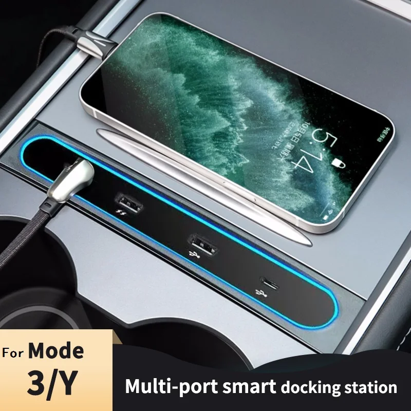 

TISHRIC For Tesla Model 3/Y 2022 Accessories Car 27W Quick Charger USB Hub Smart Docking Station Car Adapter Splitter Extension
