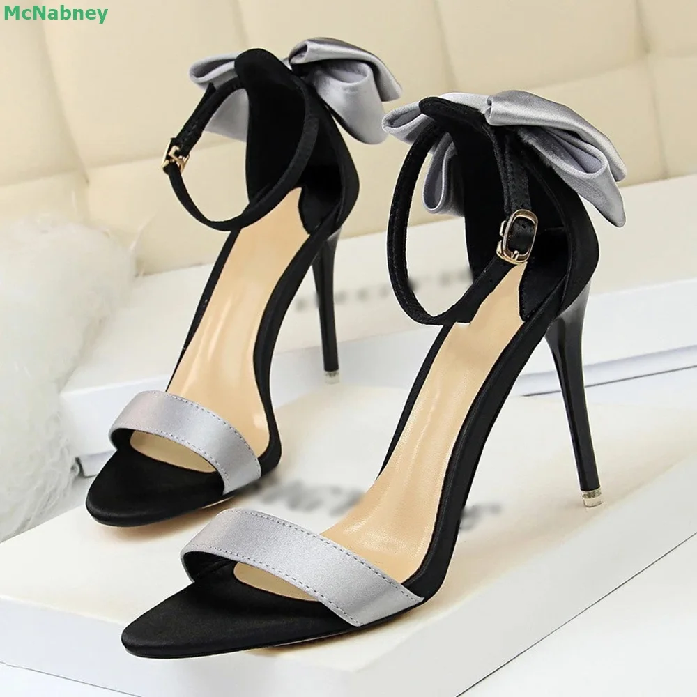 Butterfly-knot Ankle Buckle Strap Sandals Mixed Colors Round Toe Thin High Heel Shallow Sweet Simple Design Classics Summer Shoe